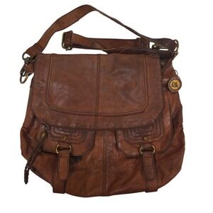 The Sak Leather Brown Flap Crossbody‎ Bag Purse with Pockets Boho